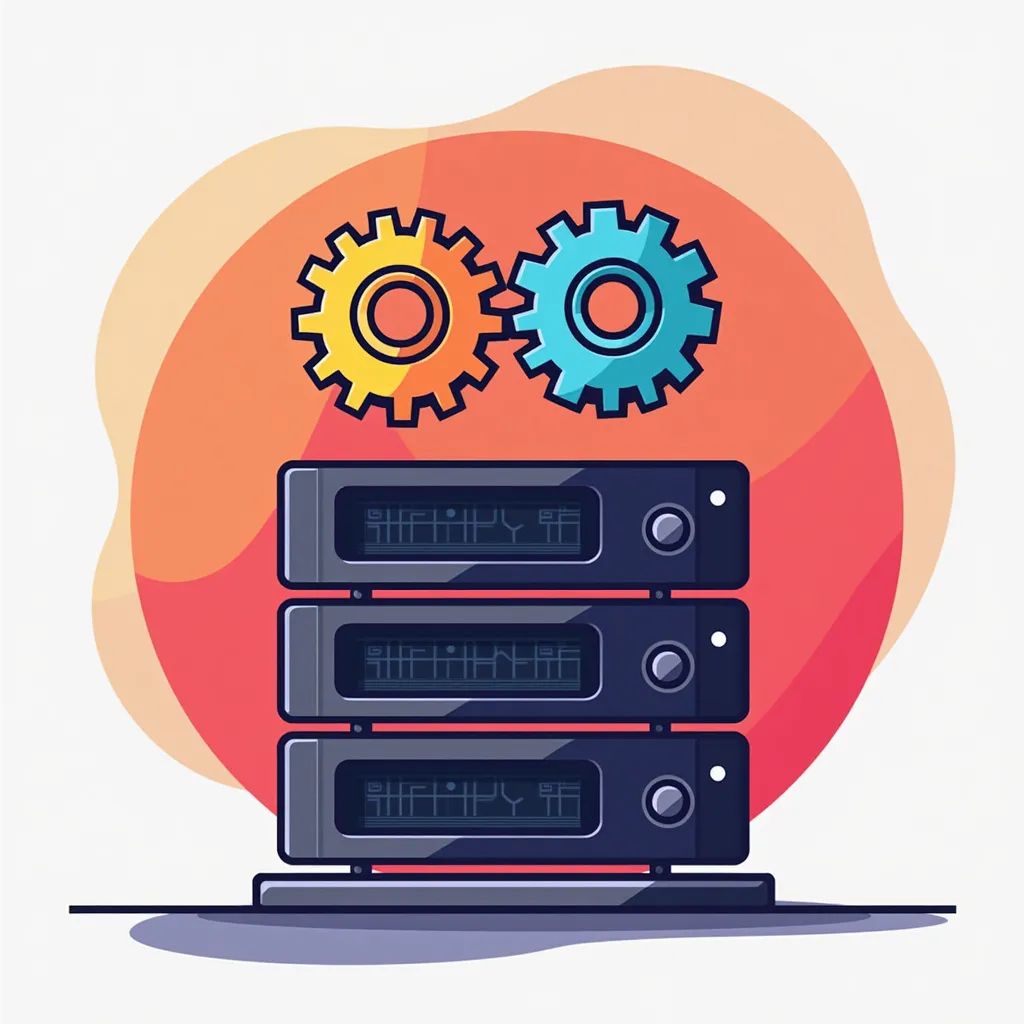 Server rack with three stacked units and gear icons, symbolizing data processing, cloud computing, and machine learning infrastructure for tech startups and Python development