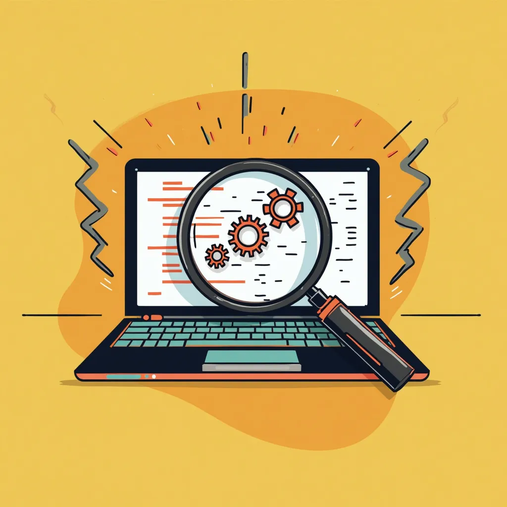 Cartoon illustration of laptop with magnifying glass revealing code and gears on screen, symbolizing software development, debugging, and optimization in Python programming and machine learning algorithms