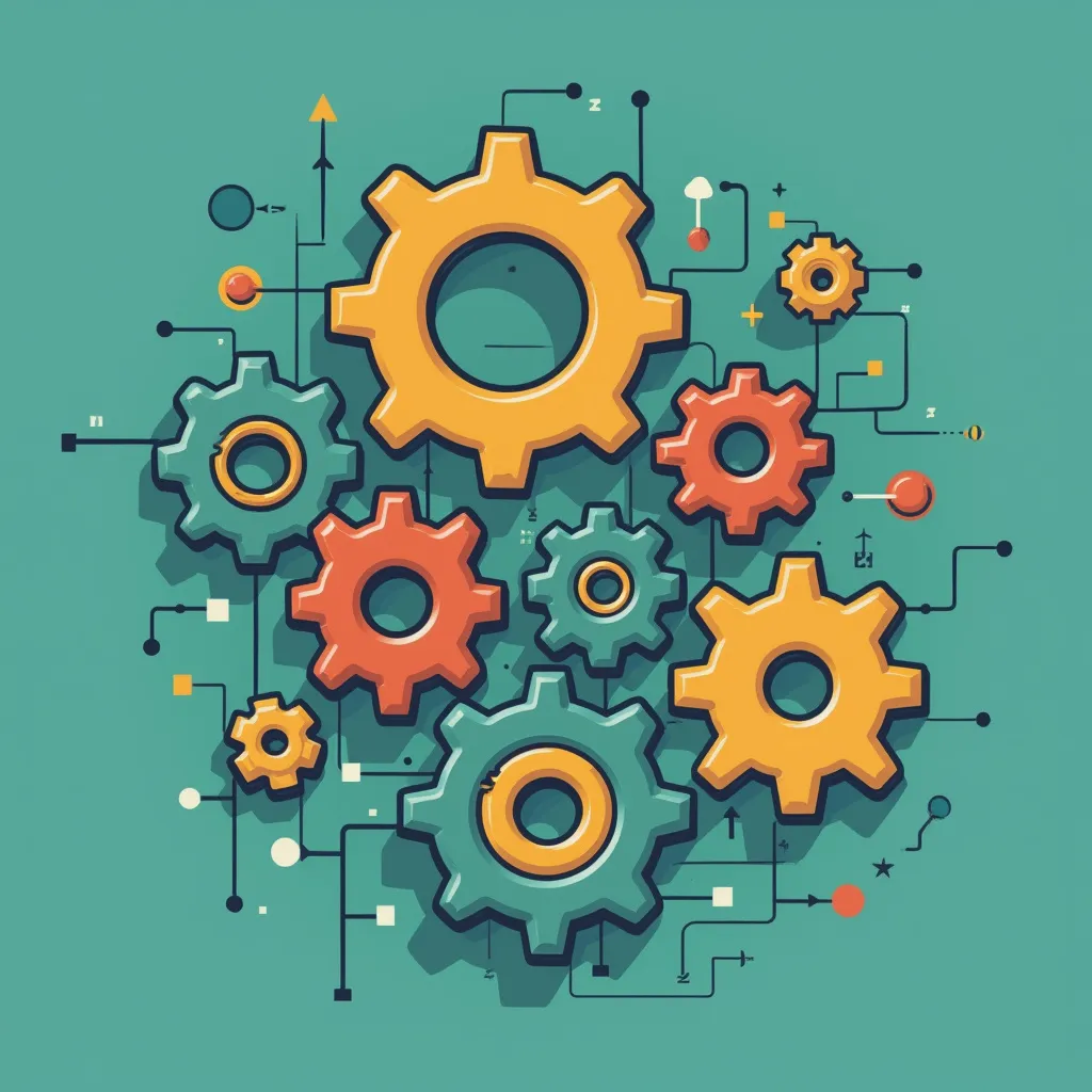 Interconnected colorful gears and cogs representing machine learning algorithms, Python programming processes, and startup innovation. Abstract diagram of integrated systems and workflows for artificial intelligence and technology development.