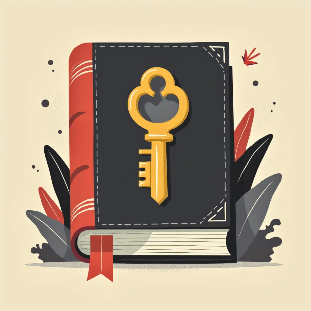 Vintage book with golden key on cover, symbolizing knowledge and unlocking potential, surrounded by stylized leaves in red and black, educational concept illustration for Python programming, machine learning, and tech startups