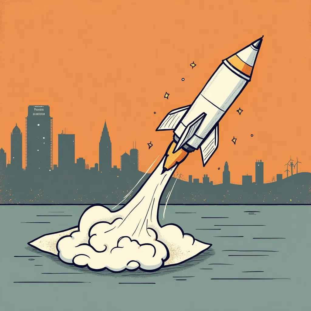 Rocket launching from water against urban skyline, symbolizing tech startup growth and innovation in city environment, with orange sky and silhouetted skyscrapers, illustrating rapid business acceleration and entrepreneurial success