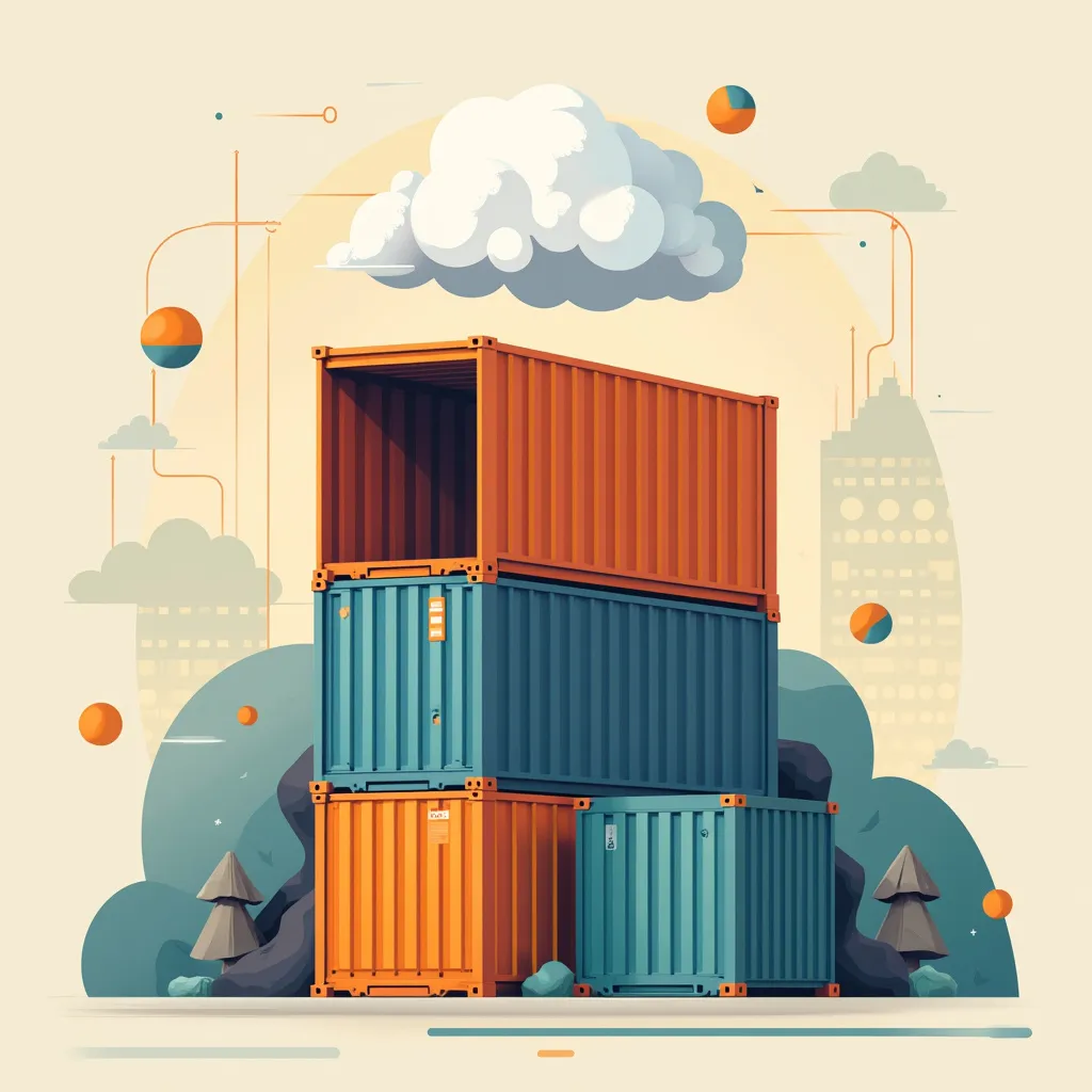 Stylized illustration of stacked shipping containers in orange and blue against a cityscape backdrop, symbolizing cloud computing, containerization, and modern software development practices. Geometric shapes, fluffy clouds, and abstract elements create a futuristic tech atmosphere, representing scalability and modularity in IT infrastructure and DevOps.