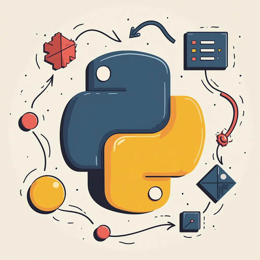 Python programming language logo surrounded by abstract symbols representing coding concepts, data structures, and development tools, illustrating versatility in software engineering, machine learning, and tech innovation