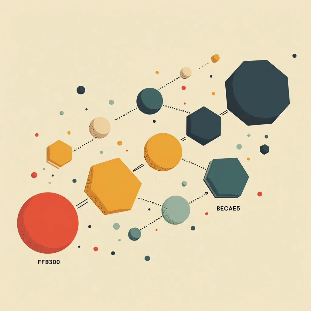 Abstract geometric shapes interconnected, resembling data visualization or network diagram. Colorful circles, hexagons, and octagons in red, yellow, teal, and navy. Dotted lines connect shapes, suggesting data flow or relationships. Minimalist design on beige background. Hexcodes FFB300 and BECAE6 visible. Concept of machine learning algorithms, data structures, or tech startup ecosystem visualization.