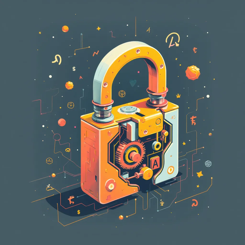 Futuristic padlock illustration with vibrant orange and teal colors, featuring intricate gears and mechanisms. Surrounded by abstract symbols representing cybersecurity, cryptocurrency, and machine learning concepts. Stylized tech startup imagery blending artificial intelligence and blockchain themes in a cosmic setting.