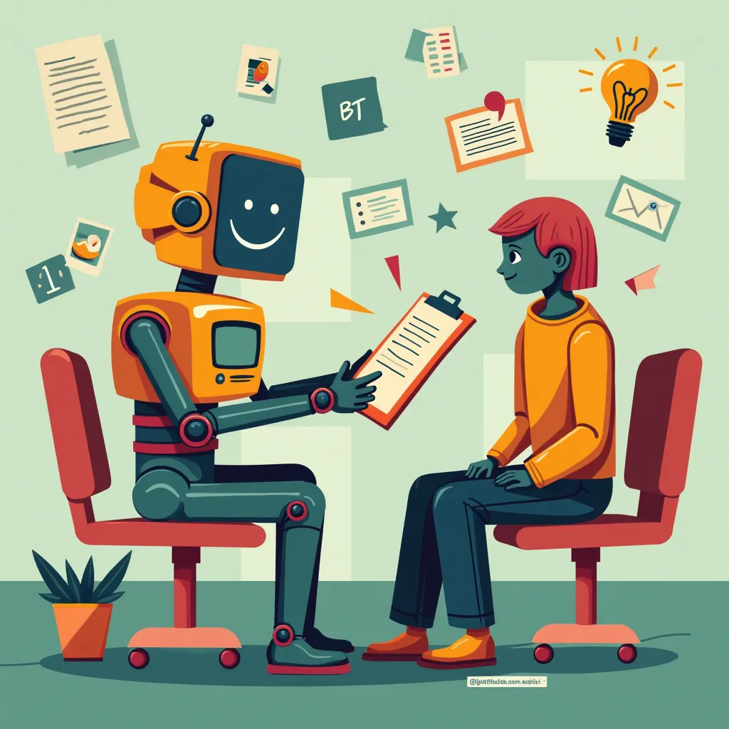 Friendly robot interviewing human candidate, AI assistant holding clipboard, surrounded by floating documents, lightbulb idea, and technology icons. Illustrates machine learning, job automation, human-AI collaboration in modern workplace setting.