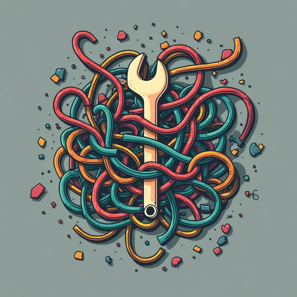 Colorful illustration of a wrench entangled in complex, intertwined cables or wires in red, orange, and teal, symbolizing software debugging, code optimization, and technical problem-solving in Python programming and machine learning algorithms