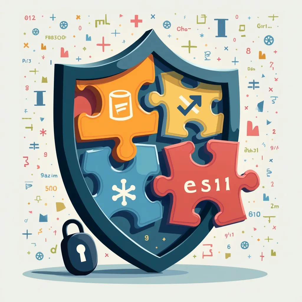 Colorful shield-shaped security icon composed of puzzle pieces representing different cybersecurity elements: database, upward trend arrow, asterisk symbol, and ES11 text. Surrounded by mathematical symbols and alphanumeric characters. Padlock at base emphasizes data protection. Illustrates comprehensive cybersecurity measures for Python, machine learning, and tech startups.