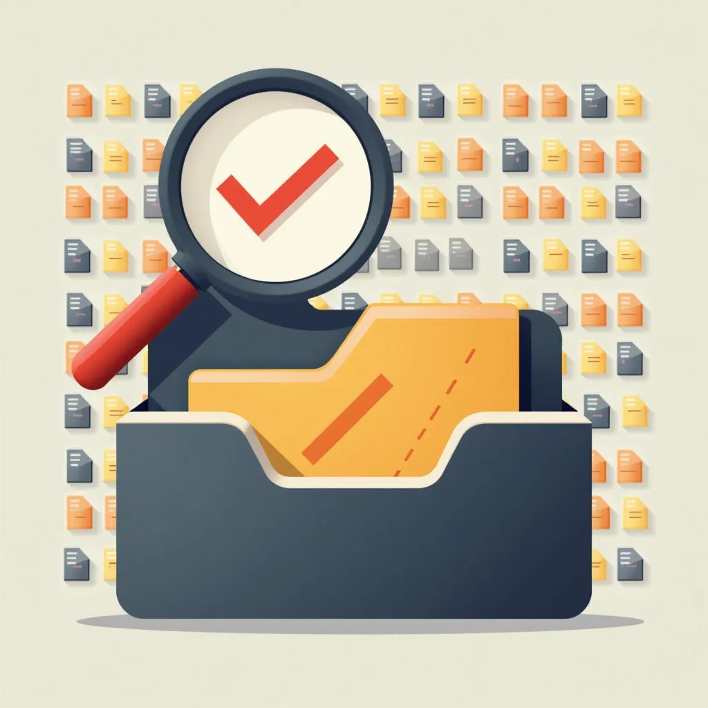 Magnifying glass with red checkmark over file folder and document icons, illustrating data validation, information search, document management, and quality assurance in Python programming and machine learning processes