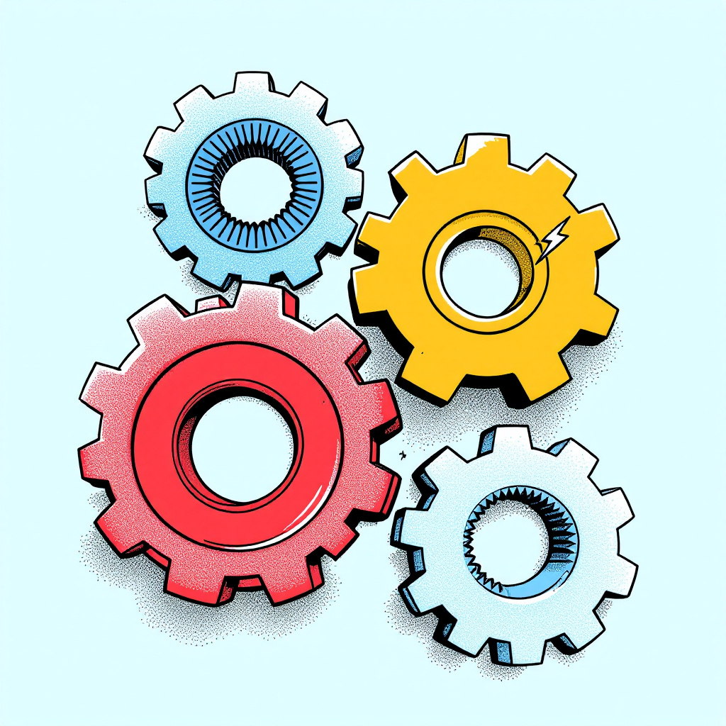 Colorful interlocking gears representing machine learning algorithms, Python programming efficiency, and startup innovation: blue gear with radial pattern, yellow gear with lightning bolt, red gear, and white gear with serrated interior, symbolizing interconnected AI processes and technological synergy