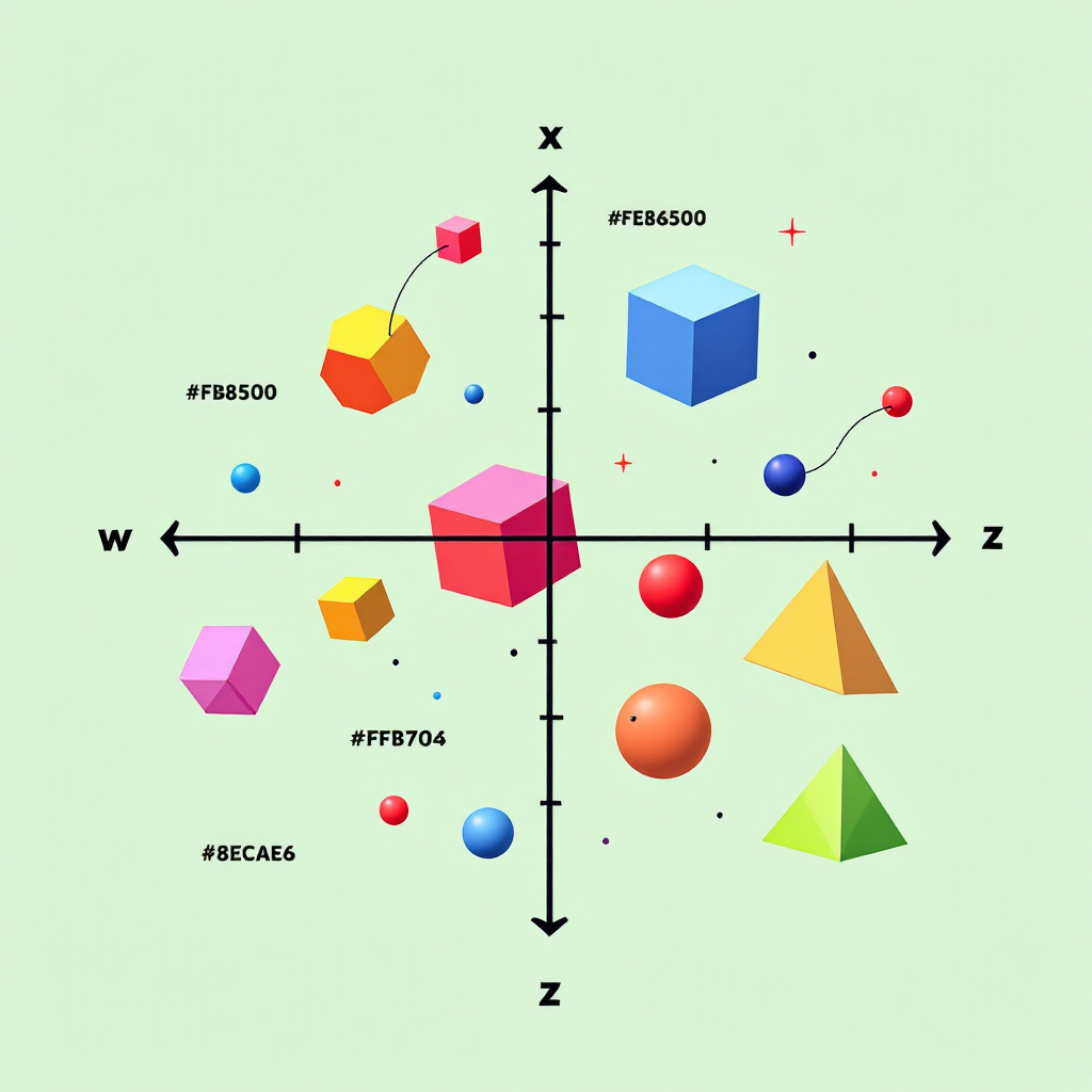 3D coordinate system with colorful geometric shapes and hexadecimal color codes, illustrating data visualization, machine learning clustering, and Python matplotlib concepts. X, Y, and Z axes visible with various cubes, spheres, pyramids, and abstract shapes scattered across the graph, representing multidimensional data points in a visually appealing and SEO-optimized representation.