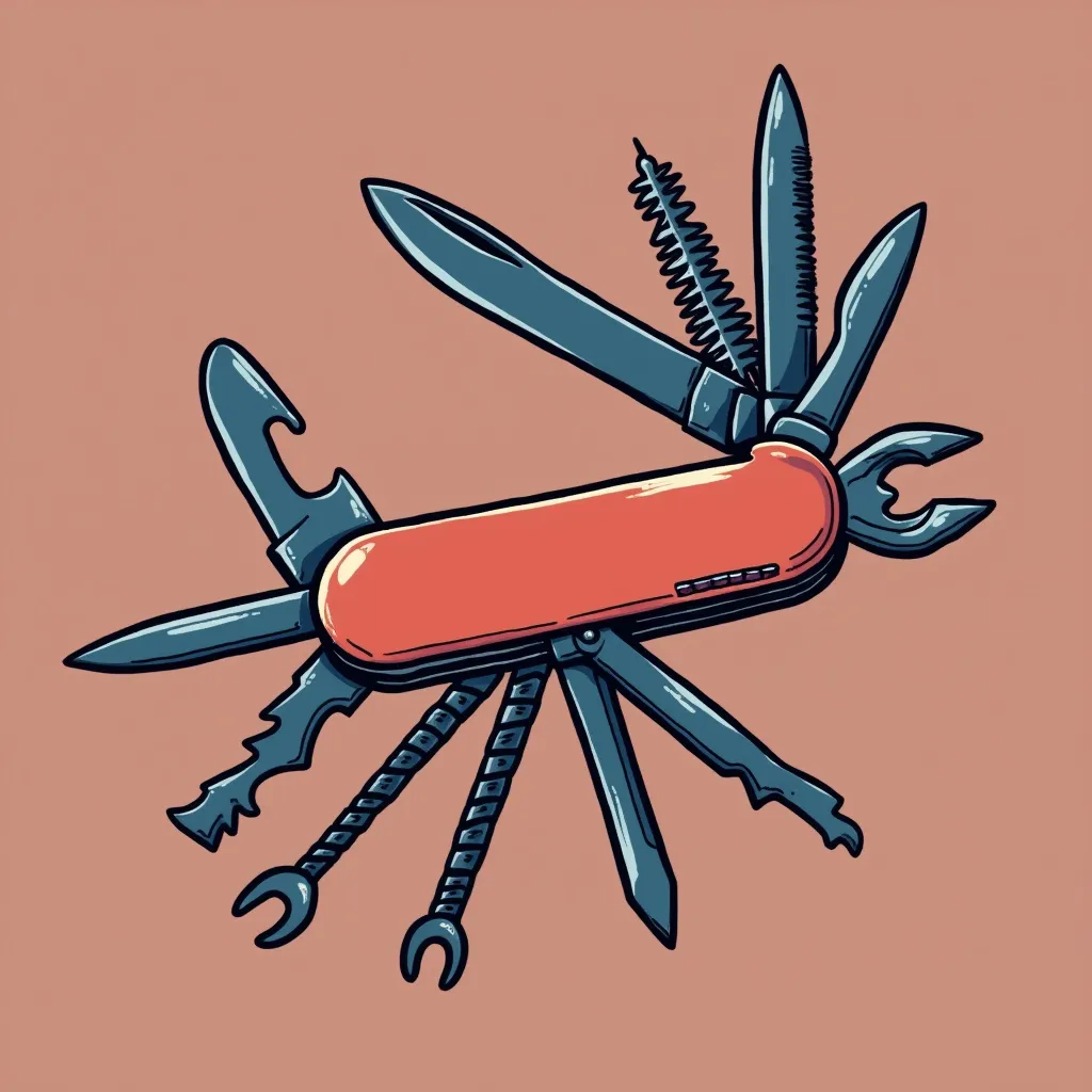 Versatile multi-tool pocket knife illustration with red handle and various blue-gray tools including blades, screwdrivers, can opener, and corkscrew against salmon background, symbolizing adaptability and problem-solving in programming and tech startups