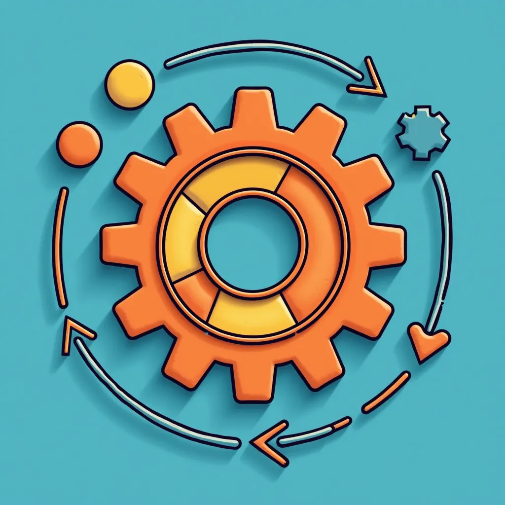 Stylized orange gear icon with yellow inner segments surrounded by circular arrows, dots, and small shapes on teal background, representing automation, continuous integration, optimization, and workflow processes in software development and machine learning pipelines