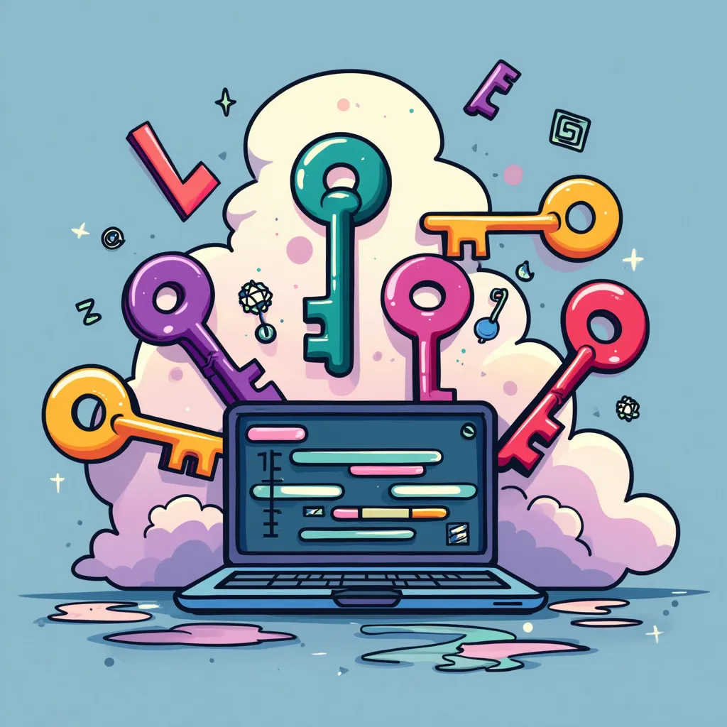 Colorful cartoon illustration of a laptop surrounded by floating keys, representing digital security, encryption, and access to technology. Cloud computing concept with fluffy clouds behind the laptop. Vibrant keys in purple, green, orange, and red. Coding or programming interface displayed on laptop screen. Whimsical tech startup imagery with sparkles and abstract shapes.