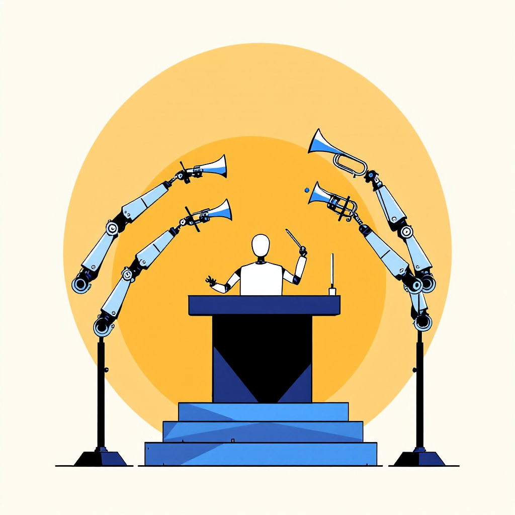 AI-powered orchestra conductor on podium with robotic arms holding trumpets, illustrating machine learning in music, automation in performance, and artificial intelligence in creative industries