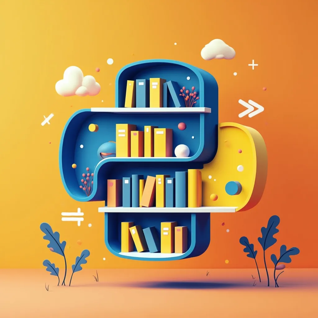 Python-shaped bookshelf with colorful programming books, 3D illustration, cloud computing concept, machine learning library, coding resources, tech startup inspiration, digital learning environment, creative software development, AI education visual, data science bookcase