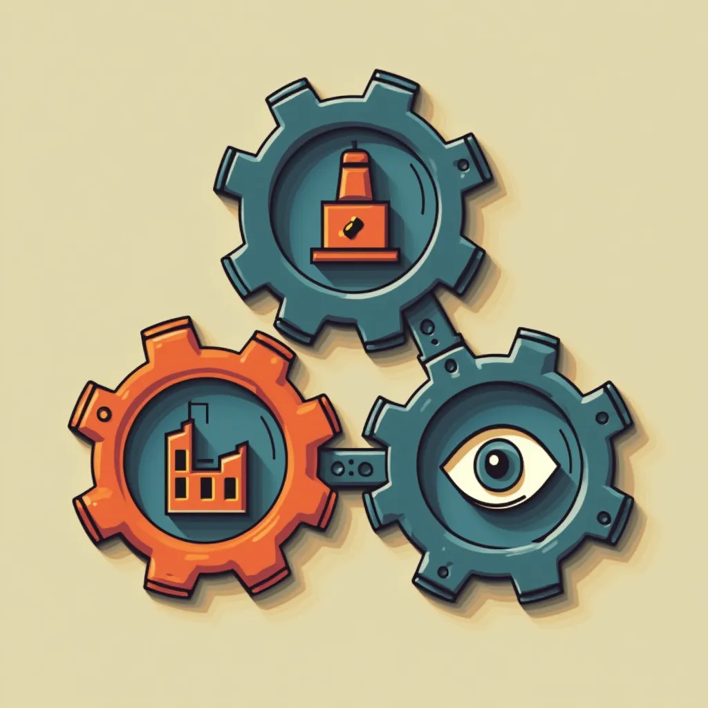 Interconnected gears symbolizing industrial automation, machine learning, and cybersecurity: teal gear with orange traffic cone icon representing safety protocols, orange gear with factory icon signifying manufacturing processes, teal gear with eye icon depicting AI surveillance and computer vision technologies