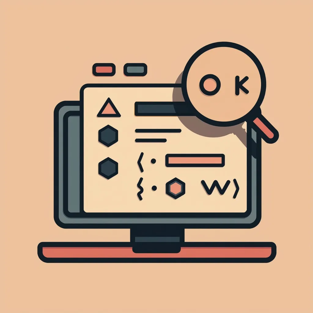 Code debugging interface with magnifying glass showing 'OK' status, featuring geometric shapes and programming syntax on computer screen, illustrating software development and quality assurance processes