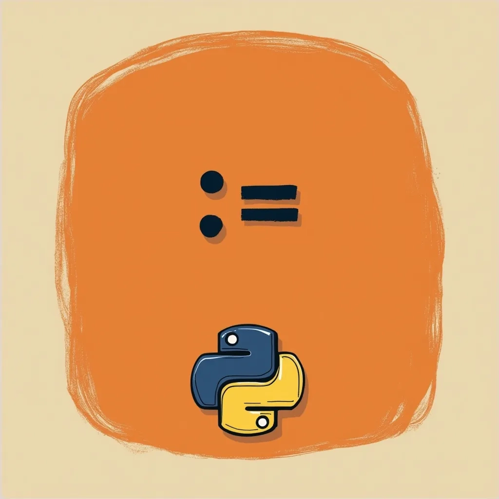 Abstract face composed of punctuation symbols on orange background with Python logo, programming concept illustration combining emoticon and coding language