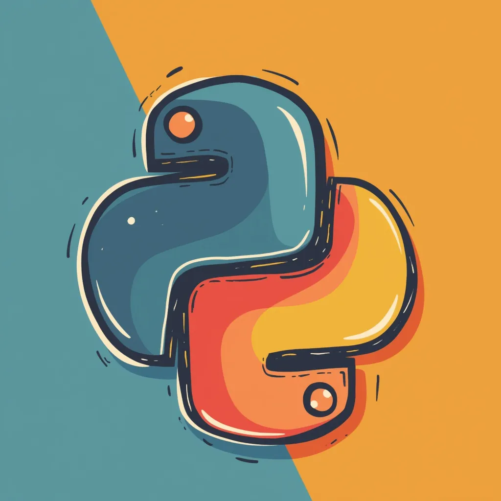 Stylized Python logo featuring intertwined blue and orange snake-like shapes forming the iconic Python symbol against a split teal and yellow background, representing programming language versatility and modern design aesthetics