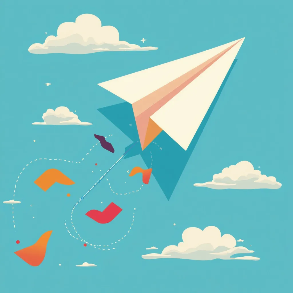 Paper airplane soaring through blue sky with fluffy clouds, surrounded by colorful abstract shapes and dotted flight paths, symbolizing innovation, startup growth, and technological advancement in Python programming and machine learning