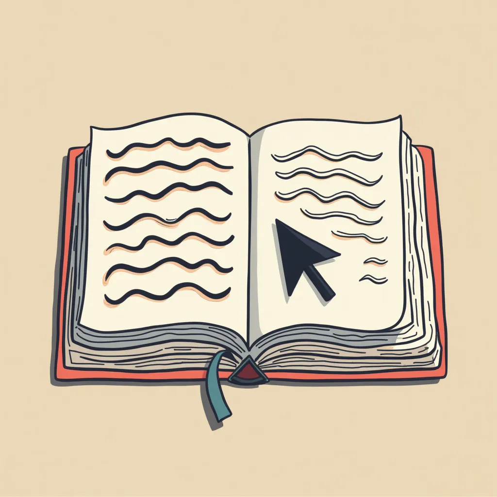 Open book with wavy text lines and cursor arrow, digital reading concept, e-learning illustration, interactive education graphic, online literature symbol, digital literacy metaphor