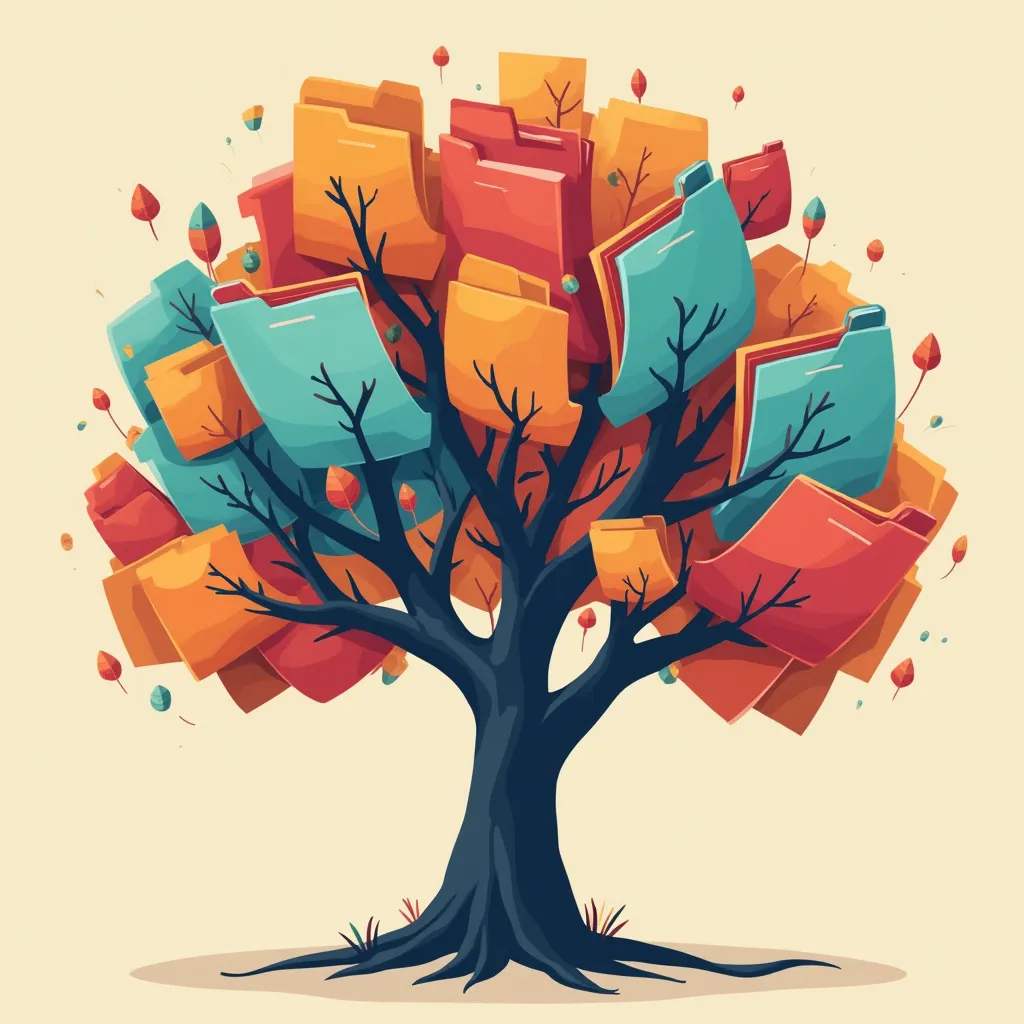 Tree with colorful file folders as leaves, representing data organization, digital growth, and information management in Python programming and machine learning algorithms for natural language processing and large language models