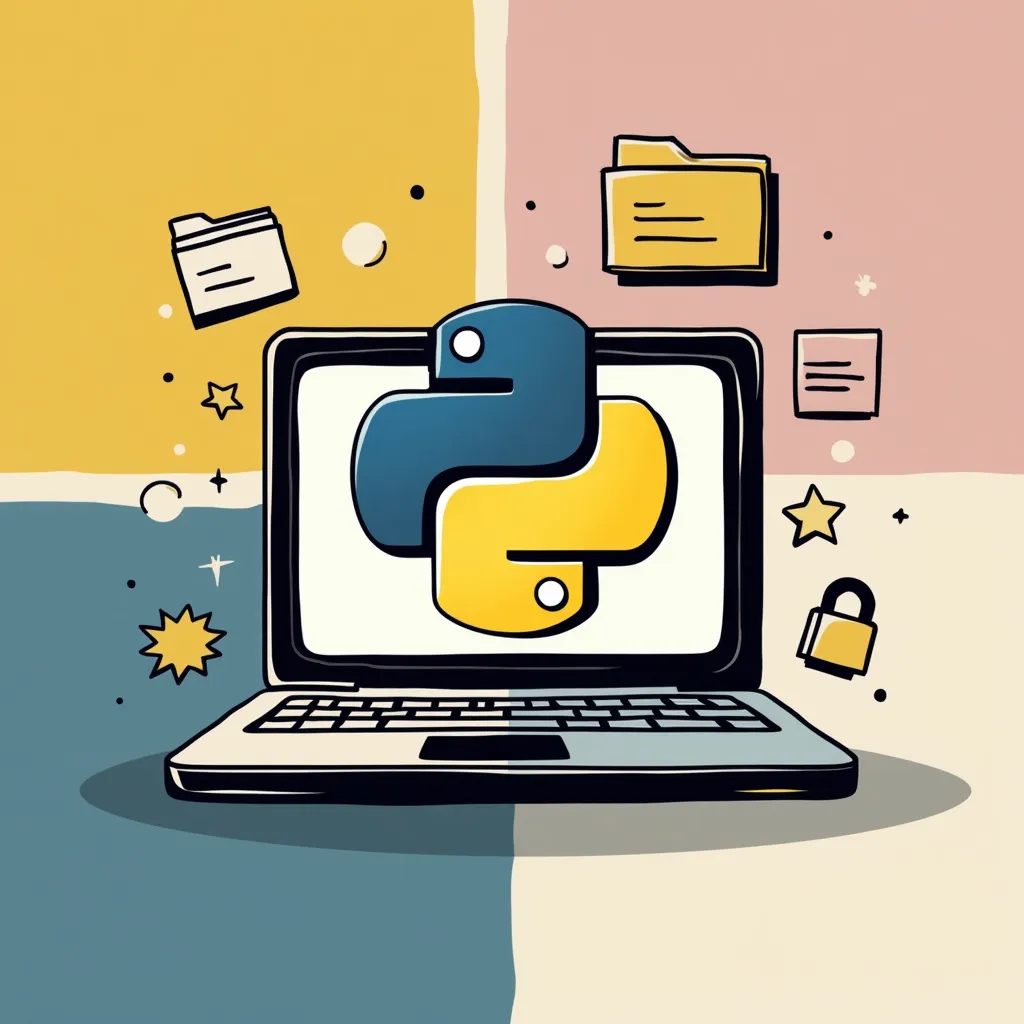 Python programming language logo on laptop screen with file folders, notes, stars, and lock icon, illustrating software development, coding, data science, machine learning, and cybersecurity concepts in a colorful, modern flat design style