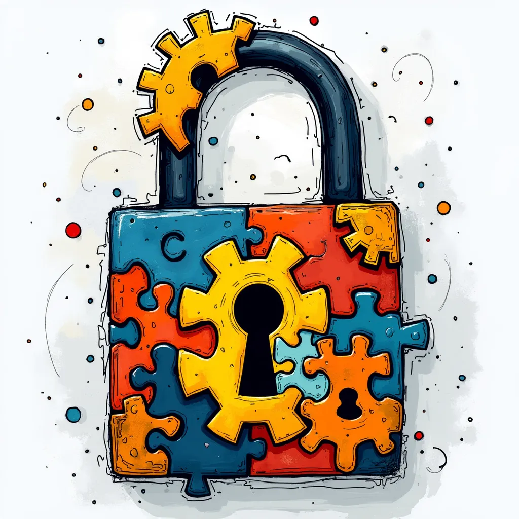 Colorful puzzle-piece padlock with gears, symbolizing cybersecurity, encryption, problem-solving, and technological innovation in Python programming and machine learning