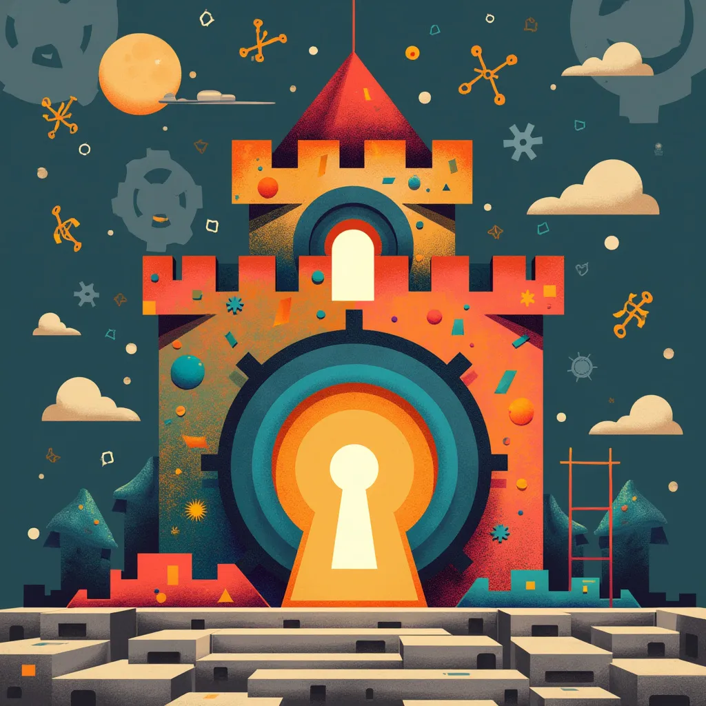 Vibrant geometric castle with keyhole entrance, surrounded by cosmic elements and floating shapes, representing artificial intelligence, machine learning algorithms, and tech innovation. Colorful surreal landscape with maze-like foundation, symbolizing complex problem-solving in Python programming and NLP challenges.