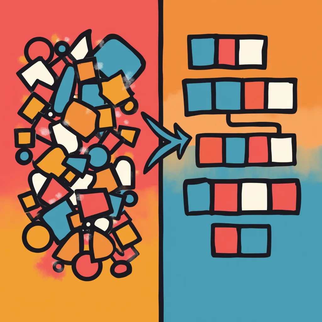 Visualization of data organization: chaotic jumble of colorful shapes on left transforming into orderly rows of color-coded blocks on right, illustrating the process of structuring unorganized information for efficient data analysis and machine learning applications