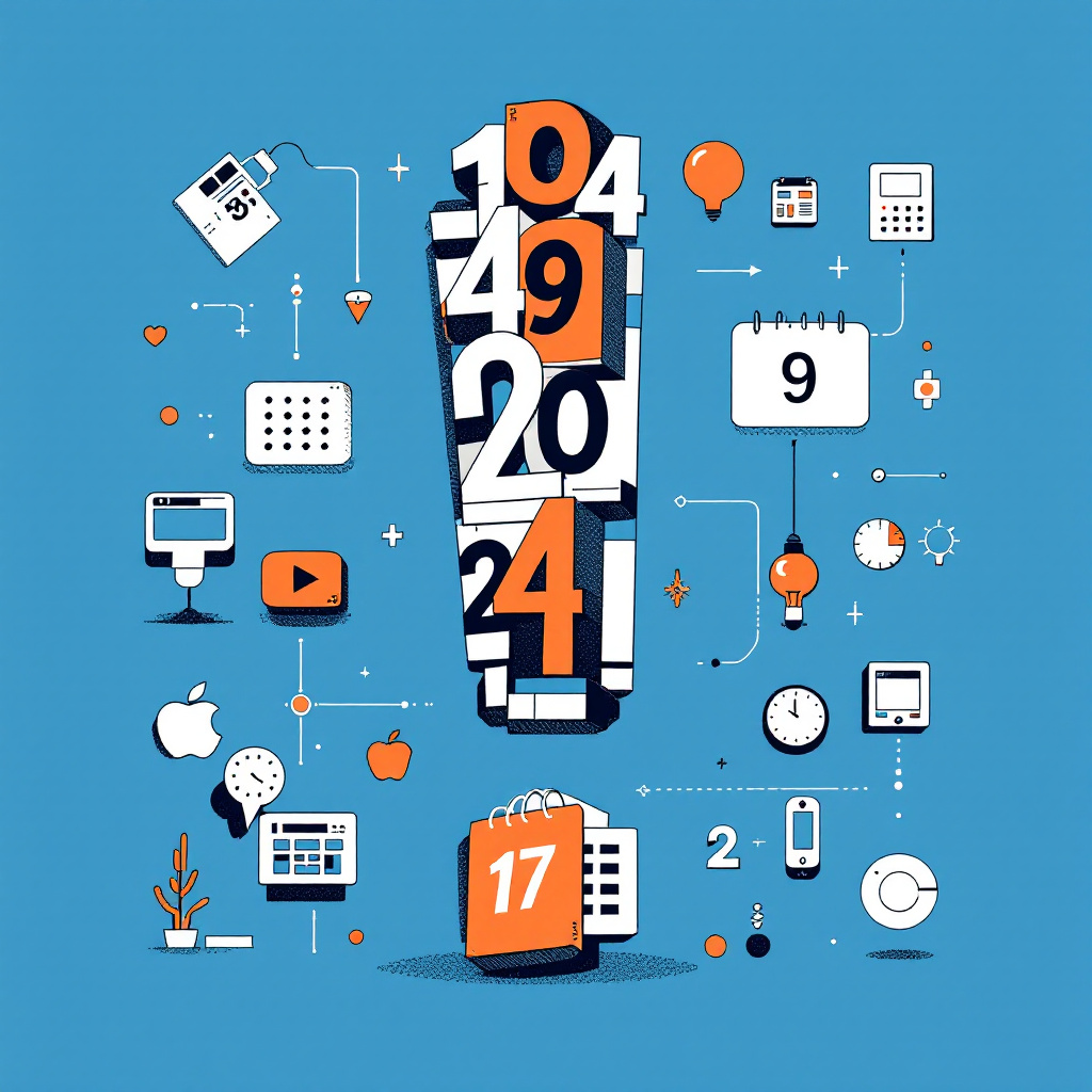 Colorful tech-themed illustration featuring a central pillar of numbers (104, 49, 20, 24, 1) surrounded by various tech icons and symbols including a calculator, lightbulb, calendar, clock, Apple logo, play button, mobile devices, and data visualization elements on a blue background, representing digital innovation, data science, and modern technology concepts