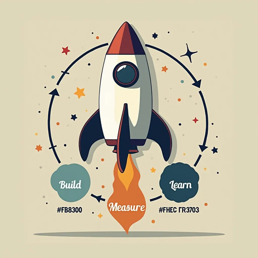 Retro-style rocket launch illustration with 'Build, Measure, Learn' cycle, surrounded by stars and hashtags #FB8300 and #FHECFR3703, symbolizing startup growth and iterative development process