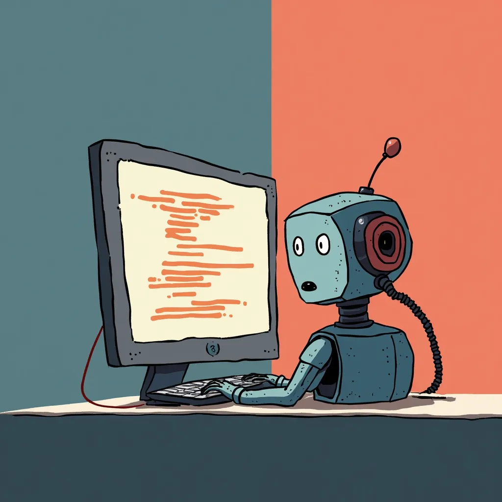 Cartoon robot with camera head typing on vintage computer, displaying code on screen, illustrating AI programming and machine learning concepts in retro tech style