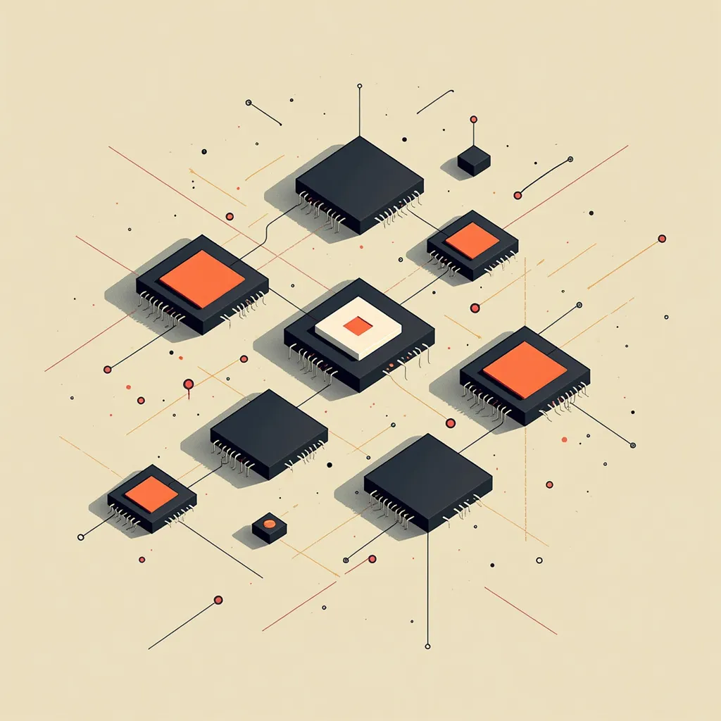 Isometric illustration of interconnected microchips and processors, representing artificial intelligence, machine learning networks, and advanced computing technology. Orange and black electronic components on beige background with geometric lines and nodes symbolizing data flow and neural connections in modern AI systems.