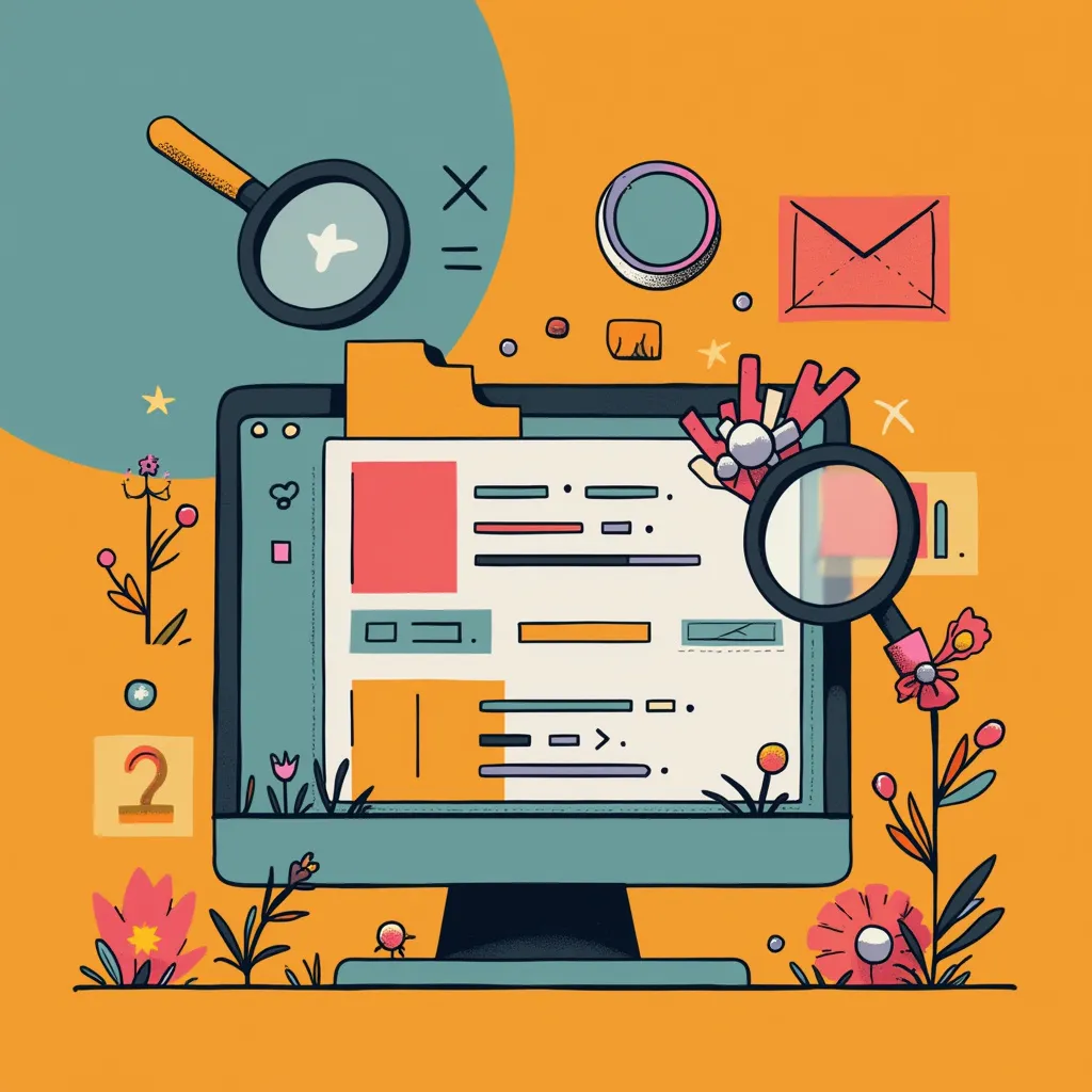 Colorful illustration of web development and SEO concepts: computer monitor displaying webpage layout, magnifying glass for search optimization, email icon, coding symbols, and decorative floral elements. Digital marketing tools and website design elements in a whimsical, cartoon style against vibrant orange background.