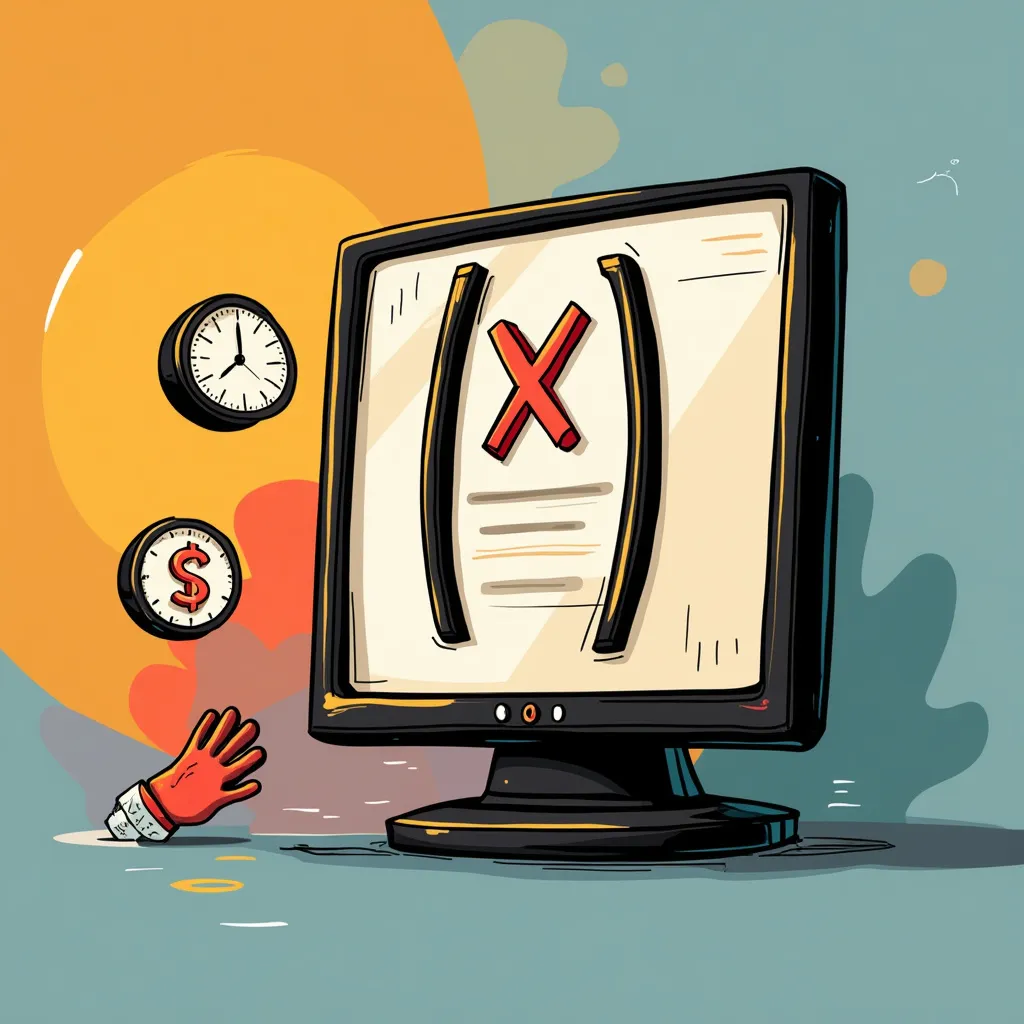 Computer monitor displaying syntax error with red X between brackets, clock and dollar sign symbols, hand reaching from beneath, colorful abstract background, coding mistake visualization, programming debug concept, time and money implications in software development