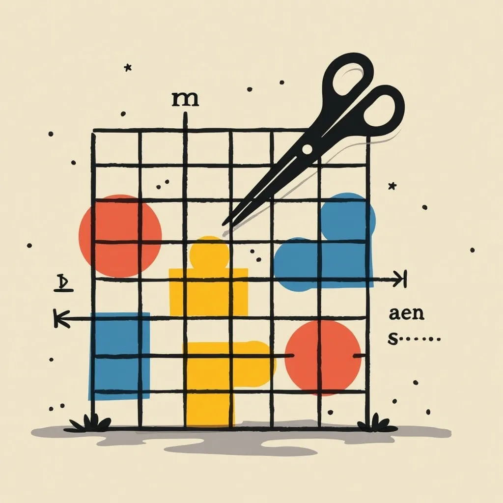 Grid diagram with colorful geometric shapes, scissors, and axis labels symbolizing data analysis, machine learning model optimization, and feature selection in Python programming for AI and startups