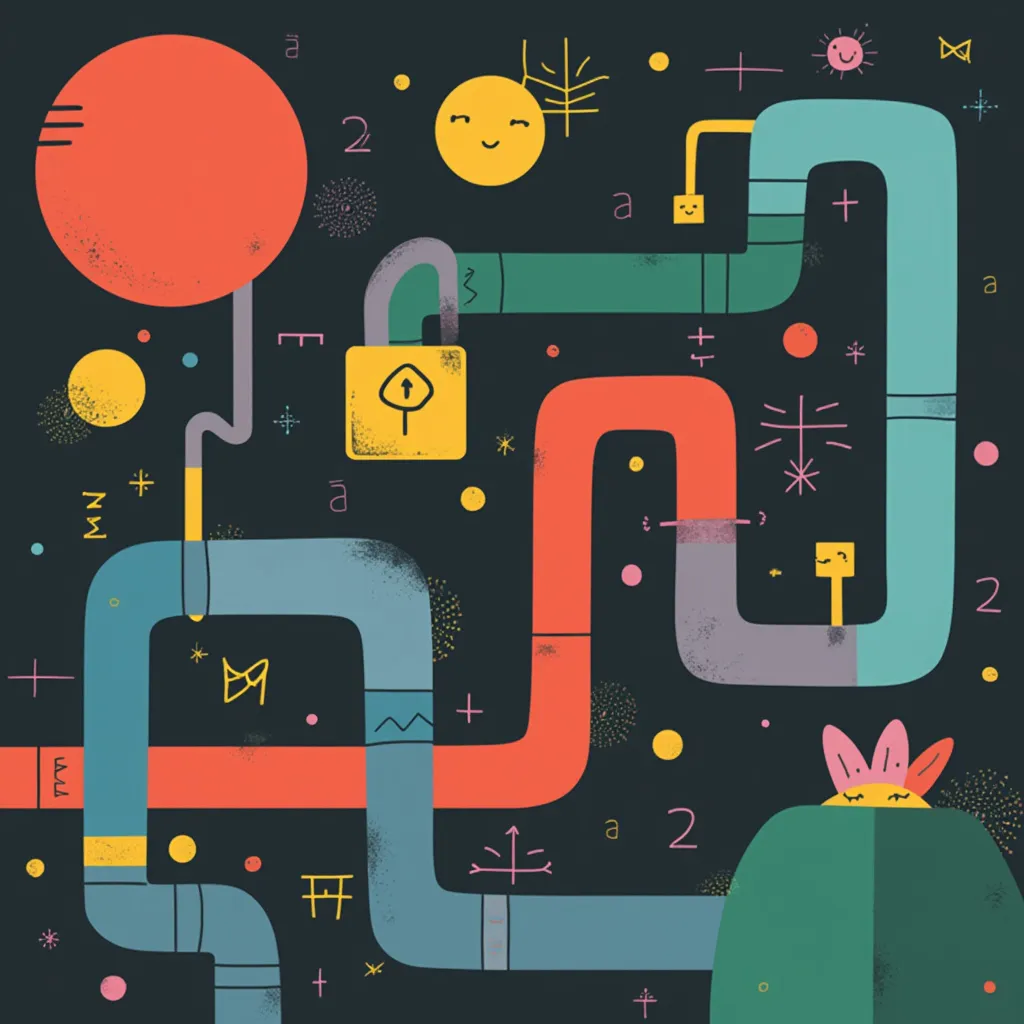 Colorful abstract illustration depicting interconnected pipelines and geometric shapes, reminiscent of programming flowcharts and data structures. Vibrant reds, blues, greens, and yellows on a dark background with smiling emojis, locks, keys, and mathematical symbols scattered throughout, suggesting themes of coding, algorithms, machine learning, and data security in a playful, whimsical style.