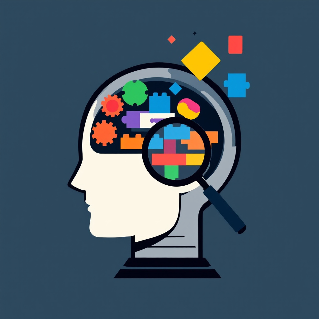 Conceptual illustration of artificial intelligence and machine learning: stylized human head profile with colorful puzzle pieces, gears, and building blocks inside the brain area, viewed through a magnifying glass. Symbolic representation of cognitive processes, problem-solving, and data analysis in AI and ML technologies.