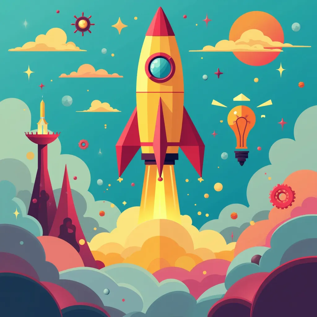 Vibrant cartoon illustration of a yellow and red rocket launching into a colorful space scene with clouds, planets, stars, a lightbulb representing innovation, and a gear symbolizing technology. The image conveys themes of startup growth, technological advancement, and entrepreneurial spirit in a playful, retro-futuristic style.