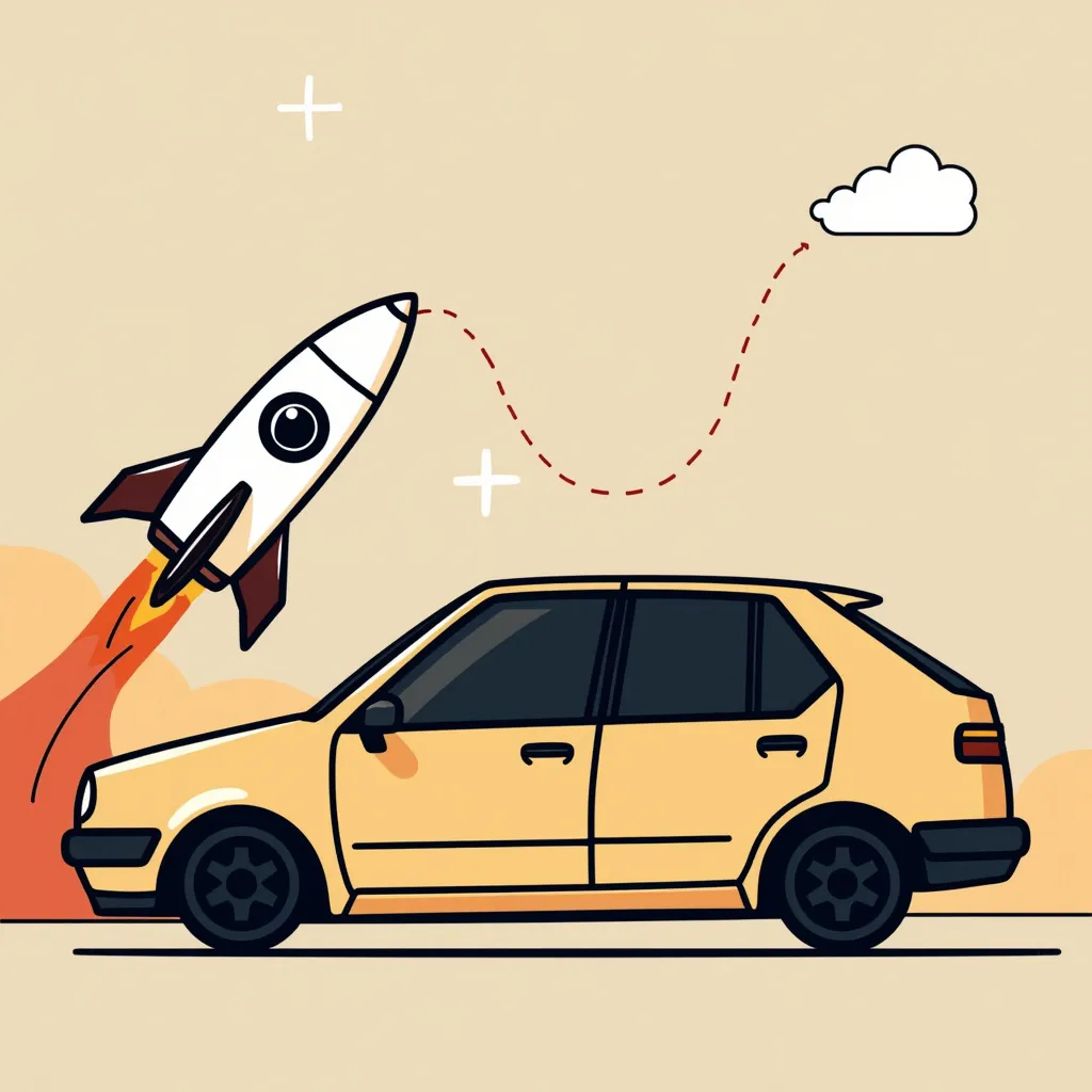 Cartoon illustration of yellow car with rocket launching behind it, symbolizing rapid technological advancement and startup growth. Dotted line connects rocket to cloud, representing journey from groundbreaking idea to cloud computing success in tech industry.